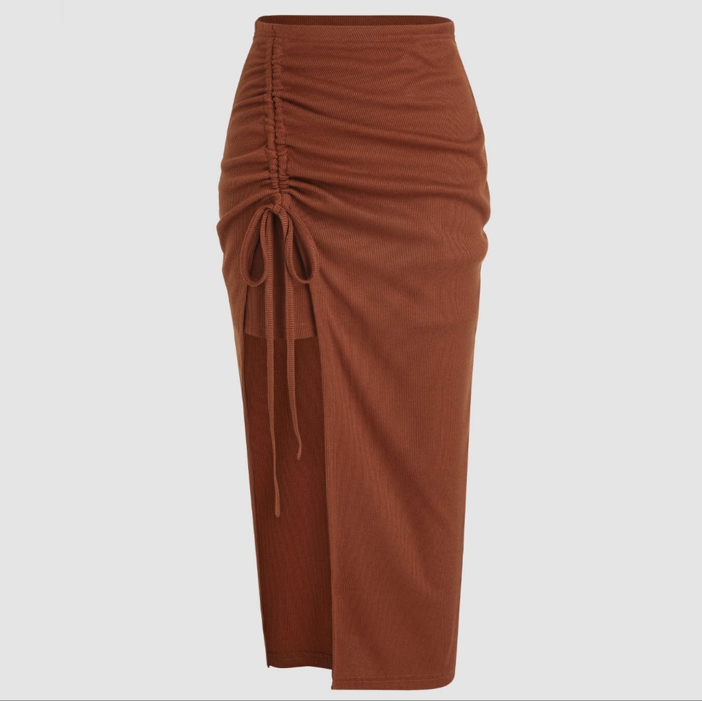Drawstring solid knit midi skirt